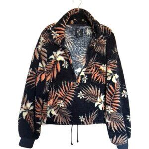Billabong Soft Blk Orange Tan Floral Fleece Half Zip Pullover  Sz L #06